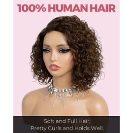 Style Icon Short Water Wave Wigs Human Hair Side Part Lace 12 inch Brown Curly Bob Wigs Glueless Wear and Go Wig for Women C-Lace (Color:P4/30)