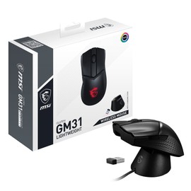 MSI Clutch GM31 Lightweight Wireless Gaming Mouse - 12.000 DPI Optischer Sensor, Rechtshänder, 60M+ Click OMRON Schalter, 6 Tasten, 110Std-Akku, Ladestation, 1ms Latenz, RGB, 73g - Kabellos/-gebunden