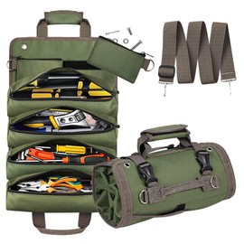 Tool Organizer Bag, Foldable Tool Roll Up Bag Organizer w/ 2 Detachable Pouches, Heavy Duty Tool Storage Organization for Mechanic Carrying Toolbag, Dad Men Birthday Father Day, Gifts for Him (Green)
