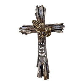 BestGiftEver Wall Cross with Praying Hands on Driftwood in Rustic Golden Bronze Tone - Decorative Wall Hanging Spiritual Jesus Art Sculpture