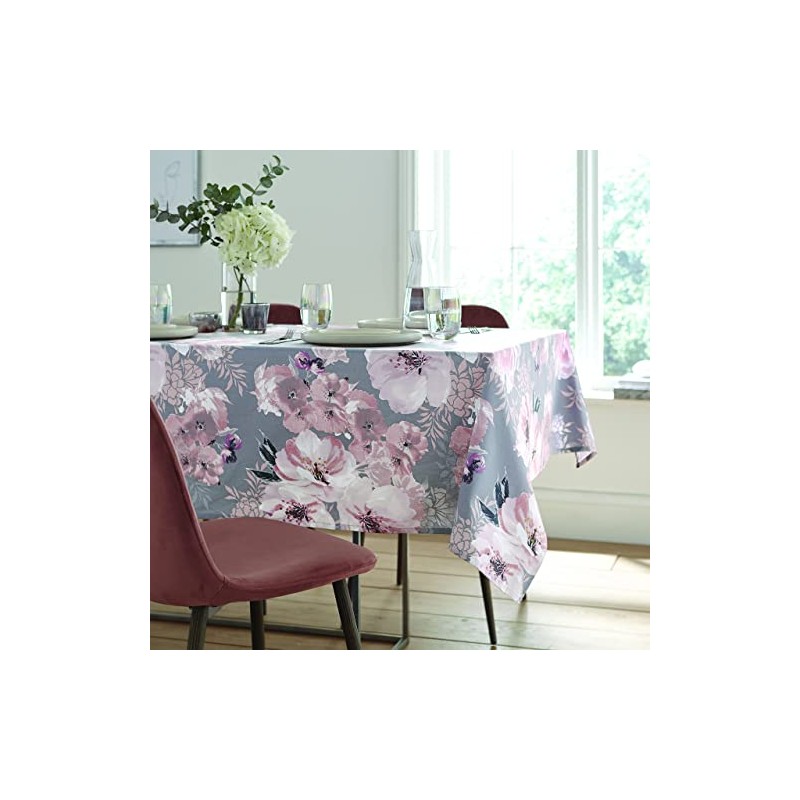 Catherine Lansfield Dramatic Floral137x229cm Wipe Clean Cotton Table Cloth Grey,
