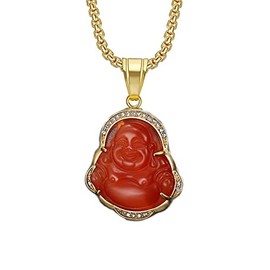Gilieyer Laughing Buddha Necklace Green Jade Cubic Zirconia Pendant Buddha Laughing Necklace Amulet Jewelry Gift for Men Women, Stainless Steel, Cubic Zirconia
