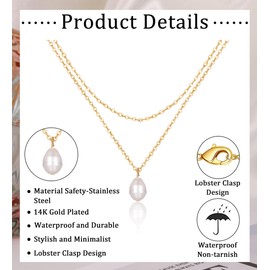 MJust 14K Gold Plated Layered Necklaces, Pearl Pendant Stack Necklace for Women Men