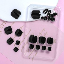 Square Press on Toenails Short Black Toe Nails Press ons Toenails Stickers Black Full Cover Fake Toe Nail Glossy Toenails Glue on Summer Press on Toe Nail for Girls 24Pcs