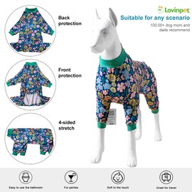 LovinPet Surgical Onesies For Dogs - Big Dog Clothes, Post Surgery Onesie, Lightweight Fabric Pitbull Dog Pullover Pajamas, Navy Wild Flowers Print, Puppy Pajamas, Full Coverage Dog Pj's, 3XL