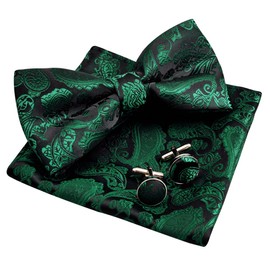 Men's Paisley Bow Tie, Hanky and Cufflinks Set (Dark Green)(Size: One Size)