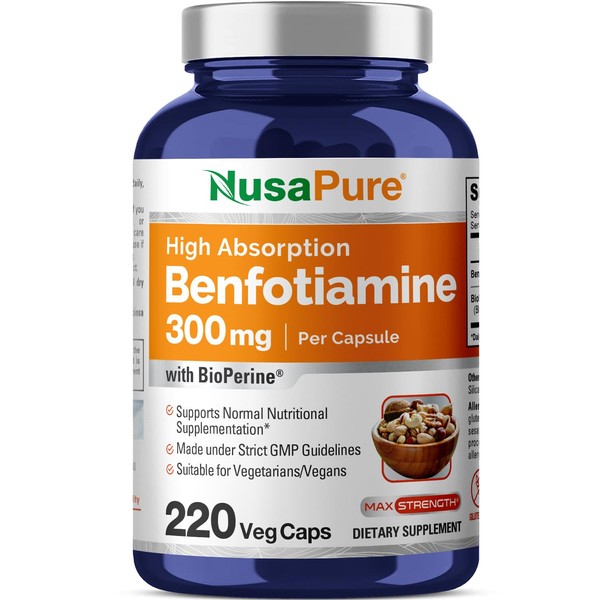 NusaPure Benfotiamine 300mg 220 Veggie Caps (Non-GMO, Vegan, Gluten-Free) Bioperine