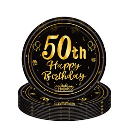 COSORO 16Pcs Black Gold 50th Birthday Paper Plates 7'', Tableware Party Plate Disposable, Happy Table Decorations Gifts for Women, Men, Ladies, Him, Her Décor