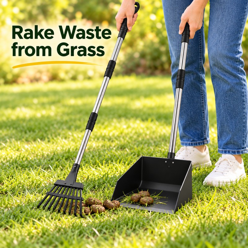 Long Handle Metal Dog Pooper Scooper Set with Rake, Spade