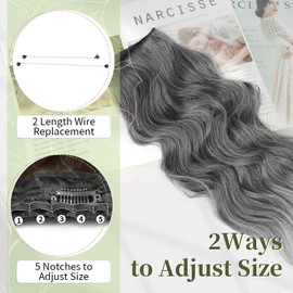 KooKaStyle Invisible Wire Hair Extensions with Transparent Headband Adjustable Size 4 Secure Clips Long Wavy Secret Wire Hairpiece 20 Inch Grey/Sliver Mixed for Women