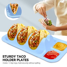 CAMENDE Reusable Silicone Taco Holder - Set of 2 Taco Plates with Dividers & Dip Bowls, Holds 3 Tacos Stand | Microwave & Dishwasher Safe, Heavy Duty Non-Slip Taco Tray Stands for Hard/Soft Shells