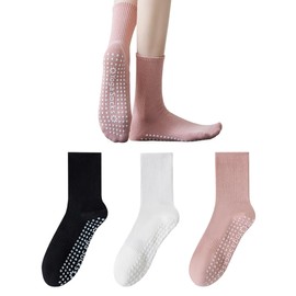 vvallis Pilates Socks, Yoga Socks with Grips for Women, 3 Pairs Non Slip Grip Socks for Barre, Dance, Barefoot Workout (Cotton Blend, B02-Black/White/Pink)