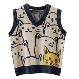 Dawwoti Women’s Knitted Sweater Vest Sleeveless Pullovers Jumpers Cat Pattern Sweatshirts for Winter Autumn Spring Dark Blue