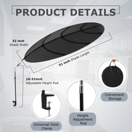 Juexica 2 Pcs 51'' Adjustable Office Cubicle and Desk Shade, Large Portable Cubicle Light Shade with Clamp, Foldable Rotatable Canopy Blocks Light or Disturbance for Working Accessories, Black