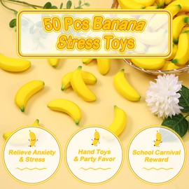 50 Pcs Mini Banana Stress Balls Foam Banana Stretchy Toys Party Favor Stress Relief Banana Fidget Toy Ball with Storage Bag for Anxiety Relief School Carnival Reward Party Supplies