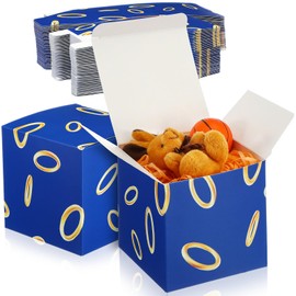 Honoson 50pcs Blue with Gold Ring Print Themed Gift Boxes 4 Inch Video Game Party Favors Foldable Cardboard Candy Goodie Treat Boxes for Boys Party Supplies and Decorations