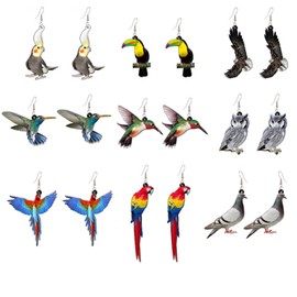 WCRAZYE 9 Pairs Cute Animal Earrings - Unique Owl, Dove, Eagle, Hummingbird & Parrot Designs - Colorful Acrylic Bird Earrings - Statement Pet Jewelry
