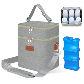 PIIOSER PIIOSER Breastmilk Cooler Bag with Ice Pack Fits 6 Baby Bottles Up to 9 Ounce, Insulated Baby Bottle Tote Bags, Double Layer Waterproof Leak-Proof with Shoulder Strap for Nursing &Working Mom (Grey)