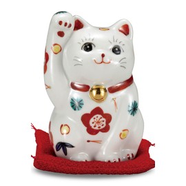 Maneki Neko Figurine, Pottery, Kutaniyaki, Right-Handed, Maneki Neko, Shochiku Plum, Feng Shui, Good Luck, Interior Decoration, Japanese Style, Accessory