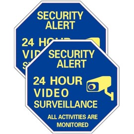 XWHLXY 24hr CCTV Warning Signs 2-Pack | 20x20cm UV-Resistant Security Stickers, Reflective Night-Glow Burglar Deterrent Decals for Home/Business