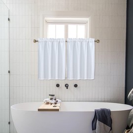 Home Queen White Water Resistant Bathroom Window Curtain, Waffle Textured Half Tier Curtains for Kitchen Cafe, 28" W X 36" L Inches, Set of 2