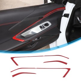 Car Inner Door Armrest Panel Cover Trim for Corvette C8 Z06 2020-2024, Car Interior Decoration Accessories Carbon Fiber (Red carbon fiber-Armrest frame)
