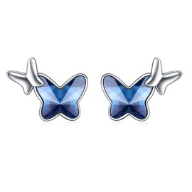 AOBOCO Sterling Silver Butterfly Earrings, Blue Butterfly Crystals from Austria, Hypoallergenic Stud Earrings, Anniversary Birthday Butterfly Jewelry Gifts for Women