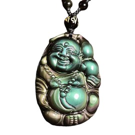 HLbshi Natural black obsidian rainbow obisidan ice obsidian Maitreya launghing buddha necklace Amulet pendant bead chain, Crystal, Obsidian