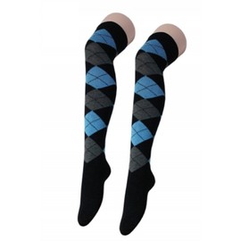Argyle Over The Knee Socks Ladies Thigh High Diamond Check Pattern Golf Socks 4-6 (Black with Blue & Grey)