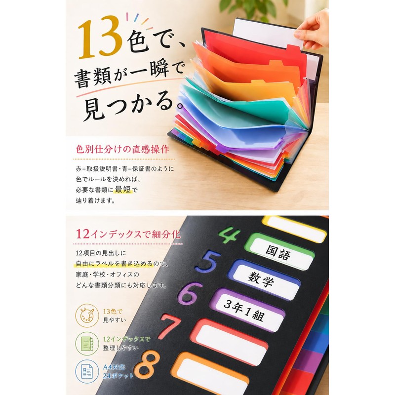 【大量の書類をまとめて収納】 fogman ドキュメントファイル A4 12インデックス 24ポケット 防水 薄型 ブラック (ブラック)