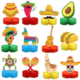 12 PCS Fiesta Mexican Honeycomb Centerpieces Cinco De Mayo Party Table Centerpiece Mexico Paper Honeycomb Table Decorations for Fiesta Mexican Themed Taco Birthday Party Day of The Dead Supplies