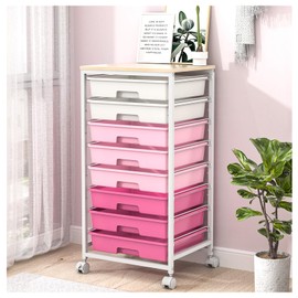 Rolling Cart with Drawers,Storage Cart with 8 Drawers and Wooden Tabletop,Utility Cart for Living Room,Classroom, Bedroom,Bathroom,Dorm,Office,Rose Pink