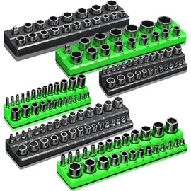 Magnetic Socket Organizer Holder Set For Tool Box Drawer, Toolbox Organization Including 1/4", 3/8" and 1/2" Drive Metric SAE Socket Trays (Sockets are not Included) - Color: Black+Green