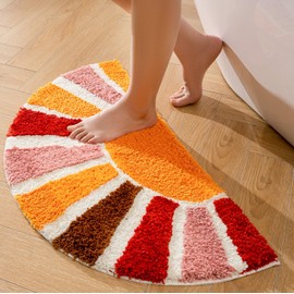 QIUKUN Boho Bathroom Rugs Half Circle Bath Mat Cute Bohemian Bath Rug for Bedroom Small Carpet Home Decor Non-Slip Semi Round Shower Rug Funny Washable Indoor Floor Door Mat Sun Retro