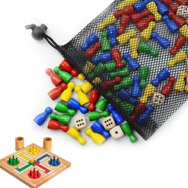 86 Piece Toy Figures Set, Game Figures for Board Games, 80 Colourful Halma Gel Toy Figures, Wood, 25 x 12 mm and 6 Wooden Dice with Bag for Storage, Red, Yellow, Blue, Green, for Family Parties