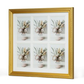 Wontree 4x6 Collage Picture Frame Ornate in Gold with Bead Border and Central Rope, Solid Wood with Real Glass, Fits Six 4x6 Openings Photos or Use as One 14x14 Picture, Vertical for Wall Gallery
