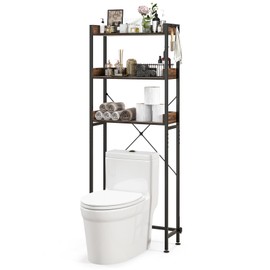 LOKO 3-Tier Over The Toilet Storage Rack, Bathroom Space Saver Shelf, Freestanding Above Toilet Organizer with 4 Hooks, Anti-Tipping Device, Metal Frame Toilet Rack for Balcony Laundry (Brown+Black)