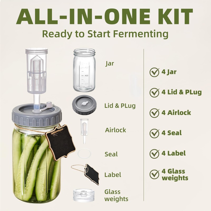 Fermentation Jar, 4-Pack 32 oz Mason Jars with Airlocks