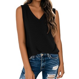 Lazzboy Vest Tops Women Uk Plain Sleeveless Basic Tanktops V-Neck Loose Fit Cotton Solid Color Gym Casual Longline Cami Lightweight Soft Sports Vests Summer (Black,S)