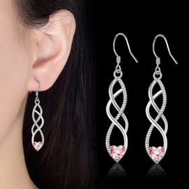Sterling Silver Drop Earrings for Women Girl, Silver Dangle Earrings with Cubic Zirconia│Twisted Linear Hypoallergenic Earring for Sensitive Ears│Jewellery Gift for Birthday Christmas Pink