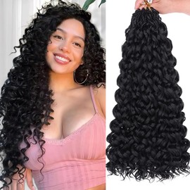 Samtress 18 Inch Gogo Curl Crochet Hair 8 Packs Pre Looped Ocean Wave Crochet Hair Natural Black Deep Twist Goddess Box Braids with Curly Water Wave Synthetic Braiding Hair Extensions for Women (#1B)