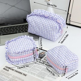 Lattice Pattern Ruffle Trim Makeup Bag Set, 3 Counts/set Portable Travel Cosmetic Storage Bag, Zipper Makeup Organizer Pouch, Versatile Storage Bag for Travel, Gym, Office, Home