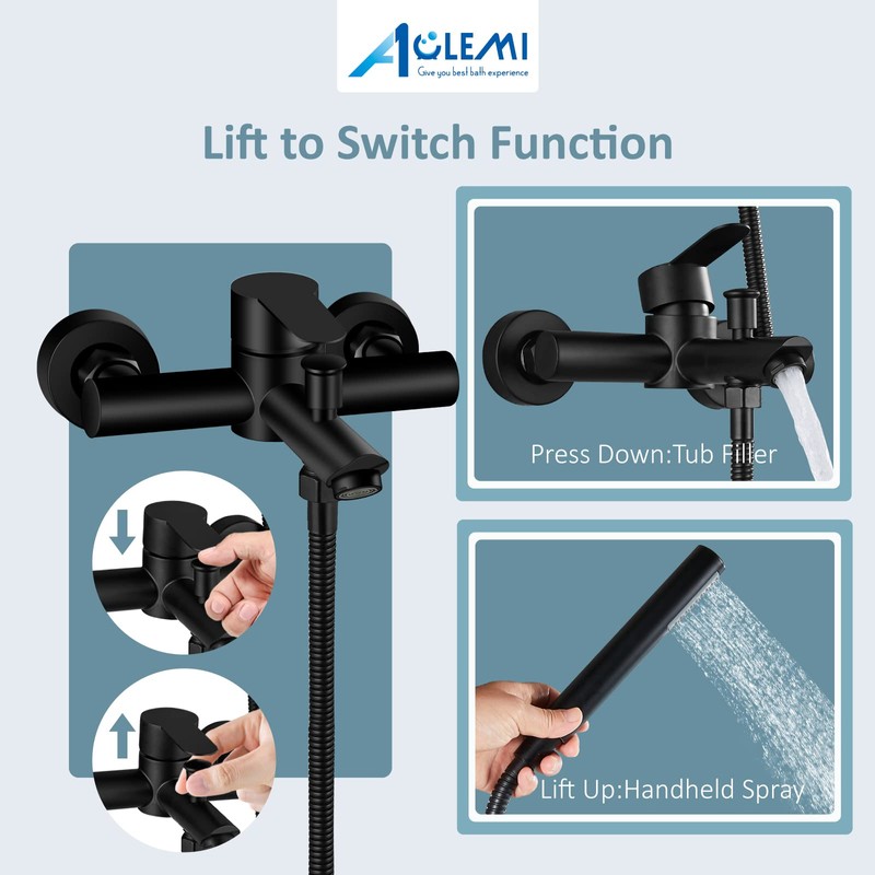 Aolemi Matte Black Wall Mount Bathtub Faucet with Handheld Shower