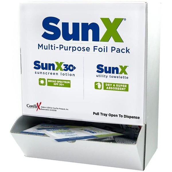 Coretex SunX SPF30 Sunscreen with Towelettes - 25 Individual Foil Pouches with 25 Individual Towelettes/Box, PABA Free, Oil-free, Water and Sweat Resistant, UVA/UVB Protection