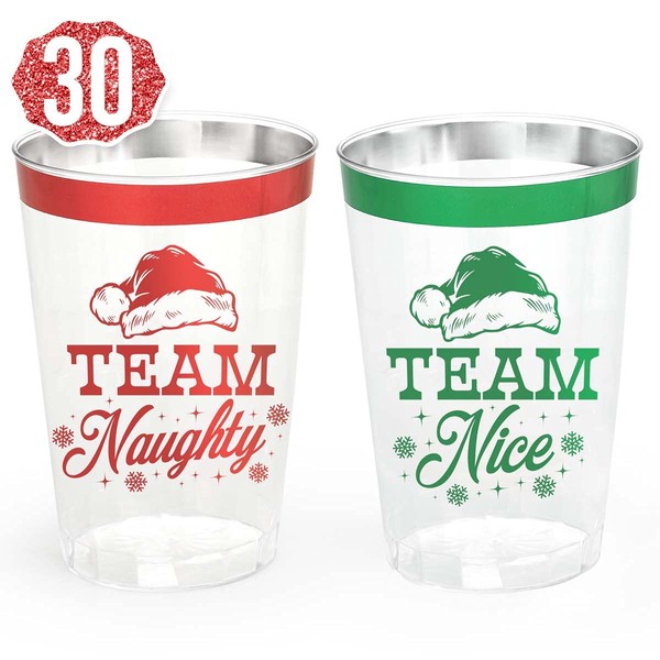 xo, Fetti Christmas Decorations Cups - 30 count, 12 oz | Team Naughty or Nice, Christmas Eve Disposable Drinkwear, Clear Plastic Cocktail Tumbler with Foil