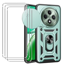 carinacoco Case for Oppo Reno 12 F 5G/Reno 12 FS 5G with 3 Pack Screen Protector, with Slide Camera Cover And Finger Ring Stand, Soft TPU+Hard PC Anti-Scratch Shockproof Armour Bumper Cover, Green