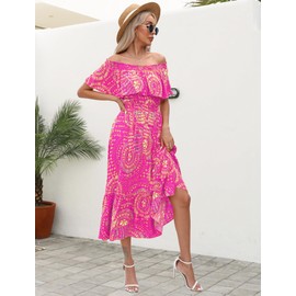 Prettywear Women's 2025 Spring Summer Boho Off Shoulder Midi Dress Floral Short Sleeve A Line Casual Beach Vacation Dresses(Rosered Floral, S)