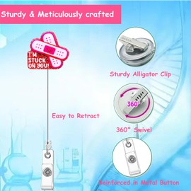I'm Stuck on You Bandaid Badge Reel: Funny Cute Pink Girly Nurse Badge Reel Retractable with Swivel Alligator Clip for Peds Pediatrics Basic Surgery Practitioner Healthcare Nurse Hospital Worker