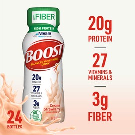 BOOST High Protein with Fiber Complete Nutritional Drink, Creamy Strawberry, 8 fl oz Bottle, 24 Pack