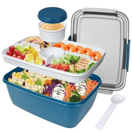 Salad Containers, 2000ml Large Salad Lunch Box for Adults, Leak Proof Salad Bowl Bento Boxes with 5-Compartment Tray, Lid, Dressing Pots, Cutlery for Work Picnic Packed Food Fruit Snack, Blue